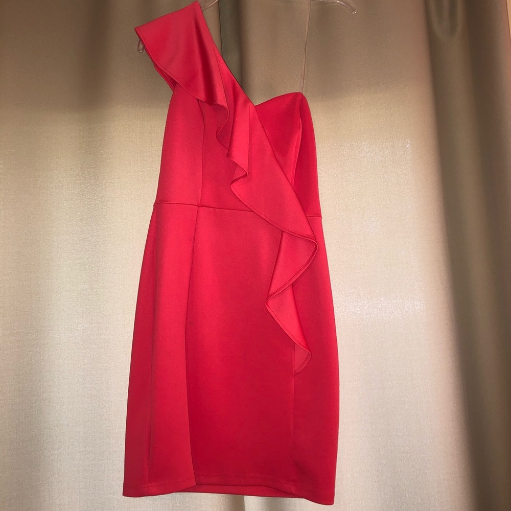 Coral one shouldered ruffle Mystic Dress